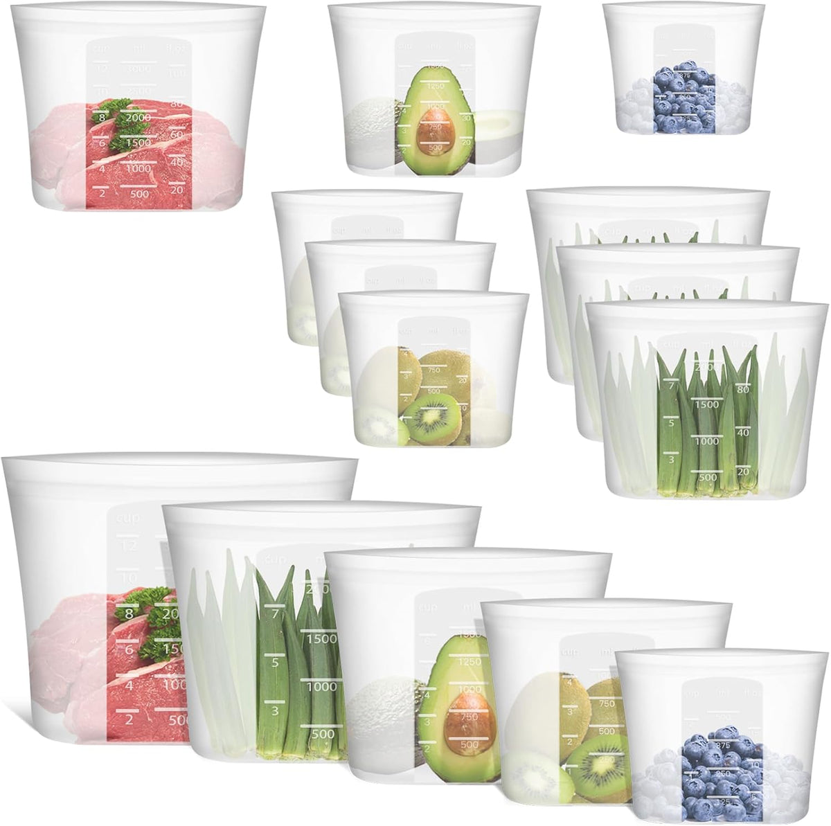 100% Silicone Reusable Storage Bag, Stand-Up Wide-Mouth Zip-Lock Food Storage Bags, Easy-Fill Easy-Open Easy-Clean Space-Saving, Microwave & Dishwasher Safe, 3 M/3 S/3 XS, Translucent