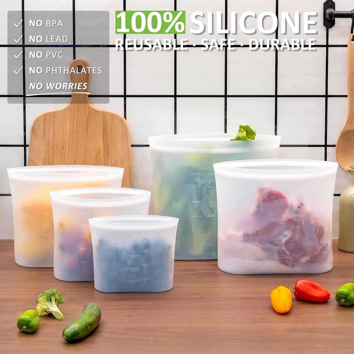 100% Silicone Reusable Storage Bag, Stand-Up Wide-Mouth Zip-Lock Food Storage Bags, Easy-Fill Easy-Open Easy-Clean Space-Saving, Microwave & Dishwasher Safe, 3 M/3 S/3 XS, Translucent