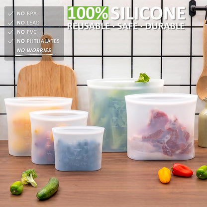 100% Silicone Reusable Storage Bag, Stand-Up Wide-Mouth Zip-Lock Food Storage Bags, Easy-Fill Easy-Open Easy-Clean Space-Saving, Microwave & Dishwasher Safe, 3 M/3 S/3 XS, Translucent