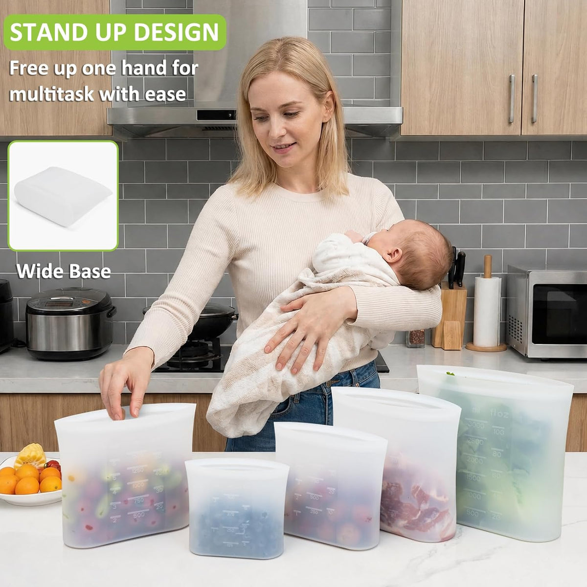 100% Silicone Reusable Storage Bag, Stand-Up Wide-Mouth Zip-Lock Food Storage Bags, Easy-Fill Easy-Open Easy-Clean Space-Saving, Microwave & Dishwasher Safe, 3 M/3 S/3 XS, Translucent