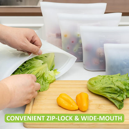 100% Silicone Reusable Storage Bag, Stand-Up Wide-Mouth Zip-Lock Food Storage Bags, Easy-Fill Easy-Open Easy-Clean Space-Saving, Microwave & Dishwasher Safe, 3 M/3 S/3 XS, Translucent