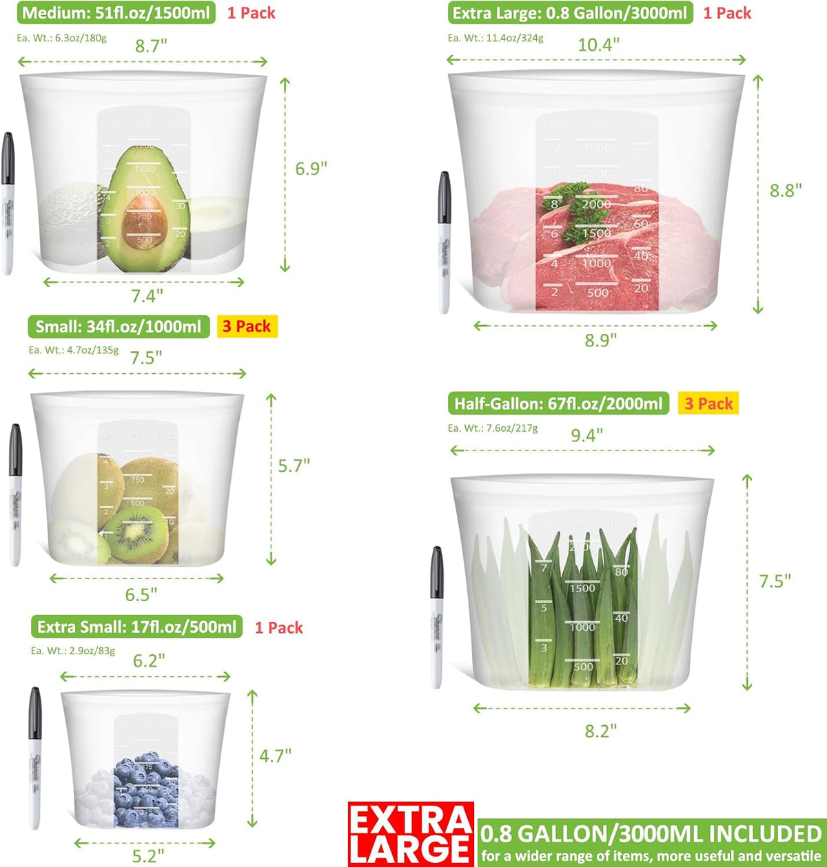 100% Silicone Reusable Storage Bag, Stand-Up Wide-Mouth Zip-Lock Food Storage Bags, Easy-Fill Easy-Open Easy-Clean Space-Saving, Microwave & Dishwasher Safe, 3 M/3 S/3 XS, Translucent