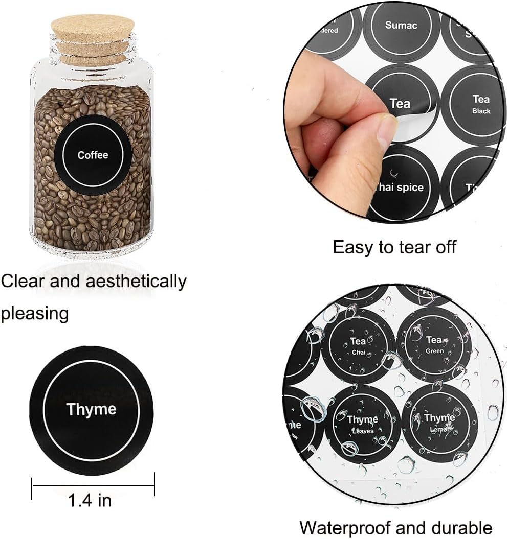 Spice Labels, 432Pcs Spice Labels Stickers 1.4in Waterproof Adhesive Round Preprinted Spice with Blank Label Black Tear Resistant Sticker for Kitchen Jars Caps Food Containers Spice Organizers