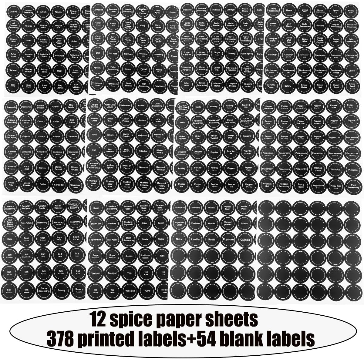 Spice Labels, 432Pcs Spice Labels Stickers 1.4in Waterproof Adhesive Round Preprinted Spice with Blank Label Black Tear Resistant Sticker for Kitchen Jars Caps Food Containers Spice Organizers