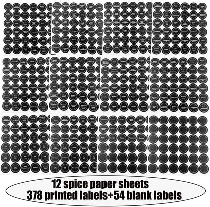 Spice Labels, 432Pcs Spice Labels Stickers 1.4in Waterproof Adhesive Round Preprinted Spice with Blank Label Black Tear Resistant Sticker for Kitchen Jars Caps Food Containers Spice Organizers