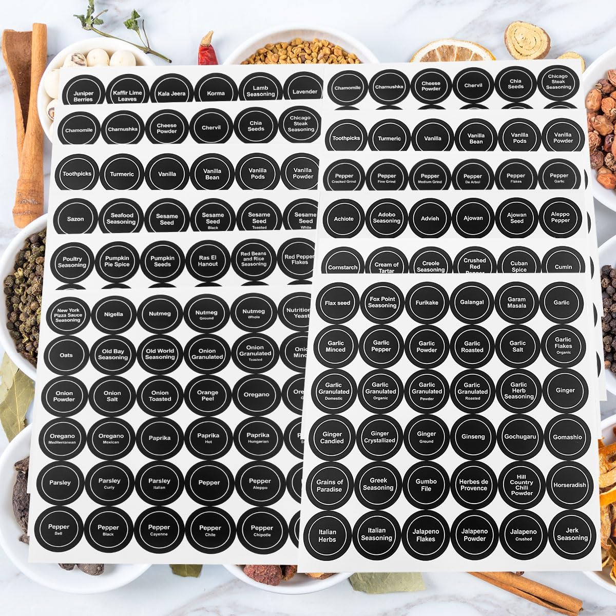 Spice Labels, 432Pcs Spice Labels Stickers 1.4in Waterproof Adhesive Round Preprinted Spice with Blank Label Black Tear Resistant Sticker for Kitchen Jars Caps Food Containers Spice Organizers