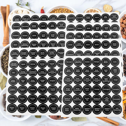 Spice Labels, 432Pcs Spice Labels Stickers 1.4in Waterproof Adhesive Round Preprinted Spice with Blank Label Black Tear Resistant Sticker for Kitchen Jars Caps Food Containers Spice Organizers