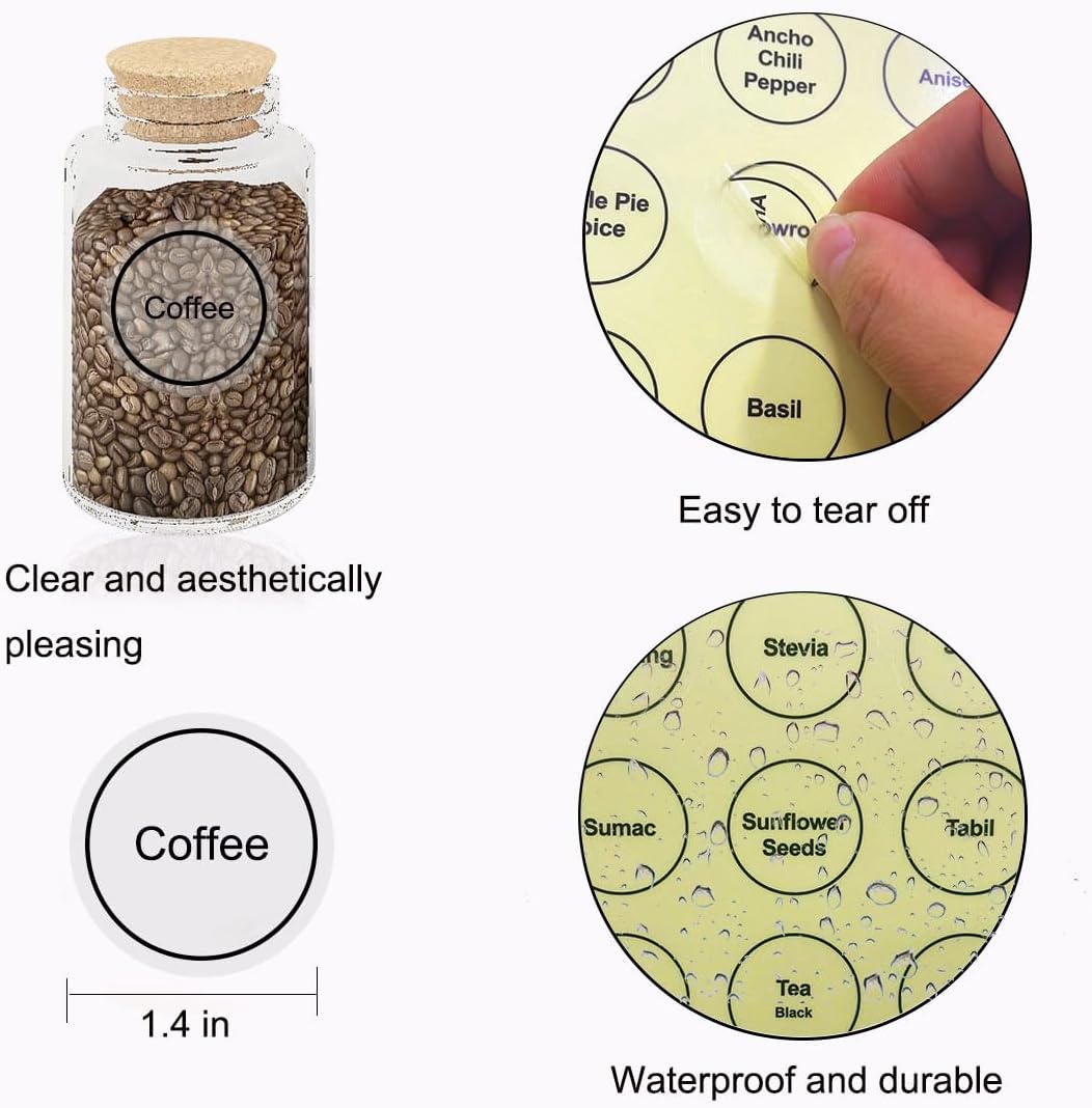 Spice Labels, 432Pcs Spice Labels Stickers 1.4in Waterproof Adhesive Round Preprinted Spice with Blank Label Black Tear Resistant Sticker for Kitchen Jars Caps Food Containers Spice Organizers