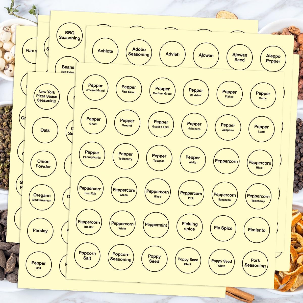 Spice Labels, 432Pcs Spice Labels Stickers 1.4in Waterproof Adhesive Round Preprinted Spice with Blank Label Black Tear Resistant Sticker for Kitchen Jars Caps Food Containers Spice Organizers