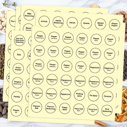 Spice Labels, 432Pcs Spice Labels Stickers 1.4in Waterproof Adhesive Round Preprinted Spice with Blank Label Black Tear Resistant Sticker for Kitchen Jars Caps Food Containers Spice Organizers