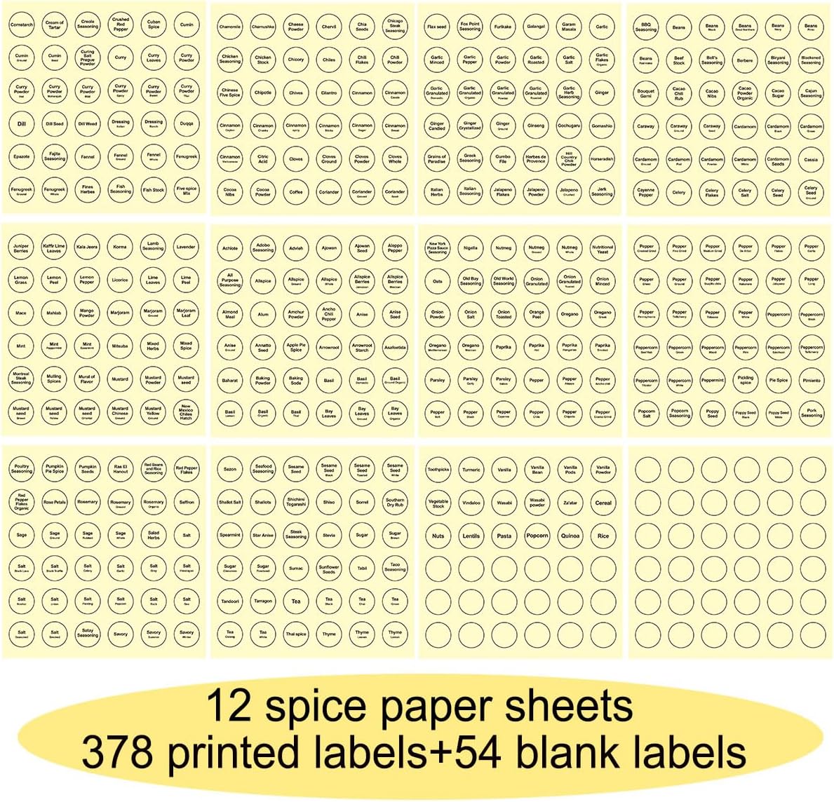 Spice Labels, 432Pcs Spice Labels Stickers 1.4in Waterproof Adhesive Round Preprinted Spice with Blank Label Black Tear Resistant Sticker for Kitchen Jars Caps Food Containers Spice Organizers