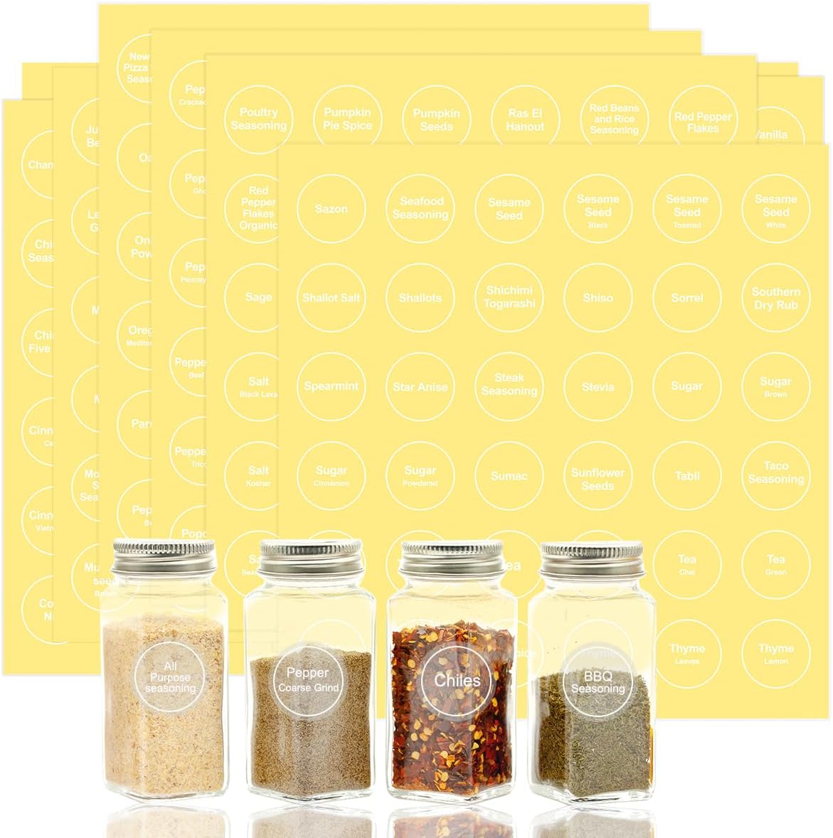 Spice Labels, 432Pcs Spice Labels Stickers 1.4in Waterproof Adhesive Round Preprinted Spice with Blank Label Black Tear Resistant Sticker for Kitchen Jars Caps Food Containers Spice Organizers