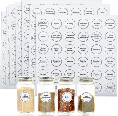Spice Labels, 432Pcs Spice Labels Stickers 1.4in Waterproof Adhesive Round Preprinted Spice with Blank Label Black Tear Resistant Sticker for Kitchen Jars Caps Food Containers Spice Organizers