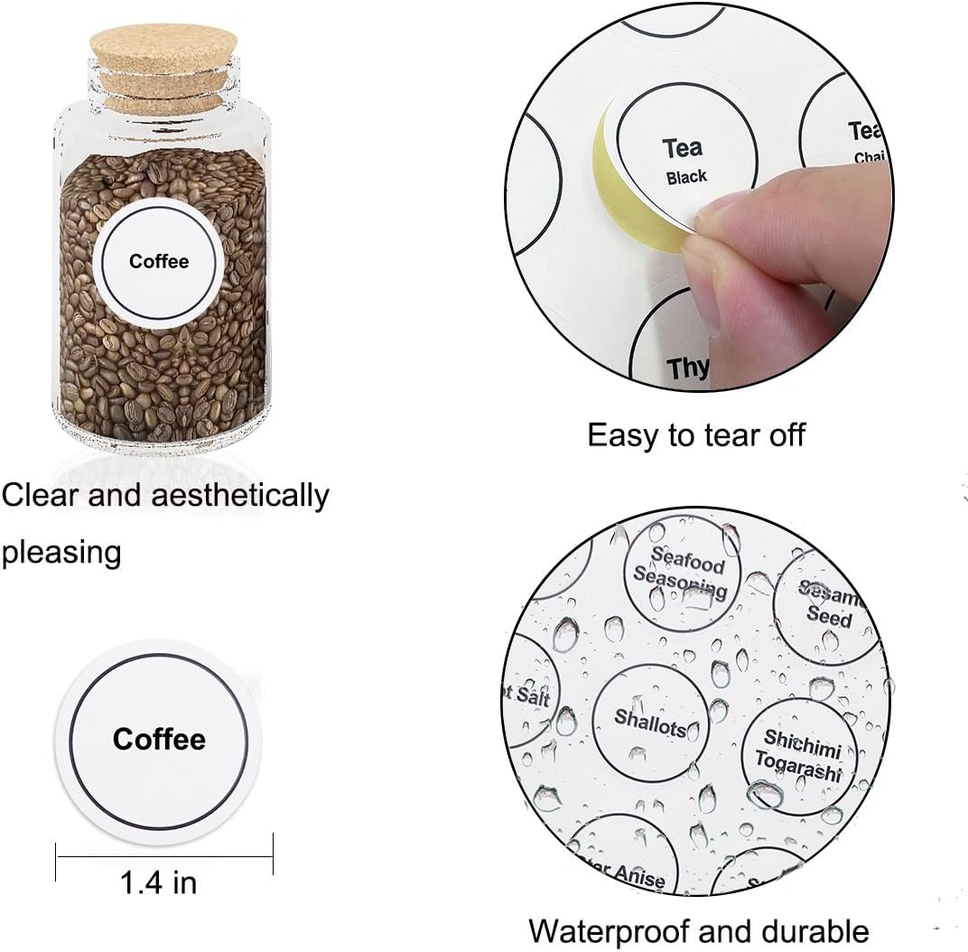 Spice Labels, 432Pcs Spice Labels Stickers 1.4in Waterproof Adhesive Round Preprinted Spice with Blank Label Black Tear Resistant Sticker for Kitchen Jars Caps Food Containers Spice Organizers