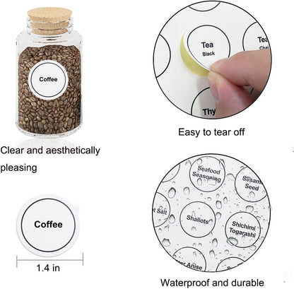Spice Labels, 432Pcs Spice Labels Stickers 1.4in Waterproof Adhesive Round Preprinted Spice with Blank Label Black Tear Resistant Sticker for Kitchen Jars Caps Food Containers Spice Organizers