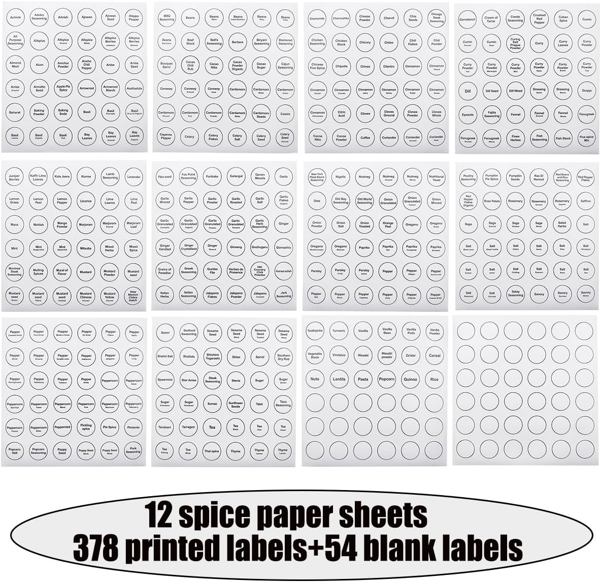 Spice Labels, 432Pcs Spice Labels Stickers 1.4in Waterproof Adhesive Round Preprinted Spice with Blank Label Black Tear Resistant Sticker for Kitchen Jars Caps Food Containers Spice Organizers