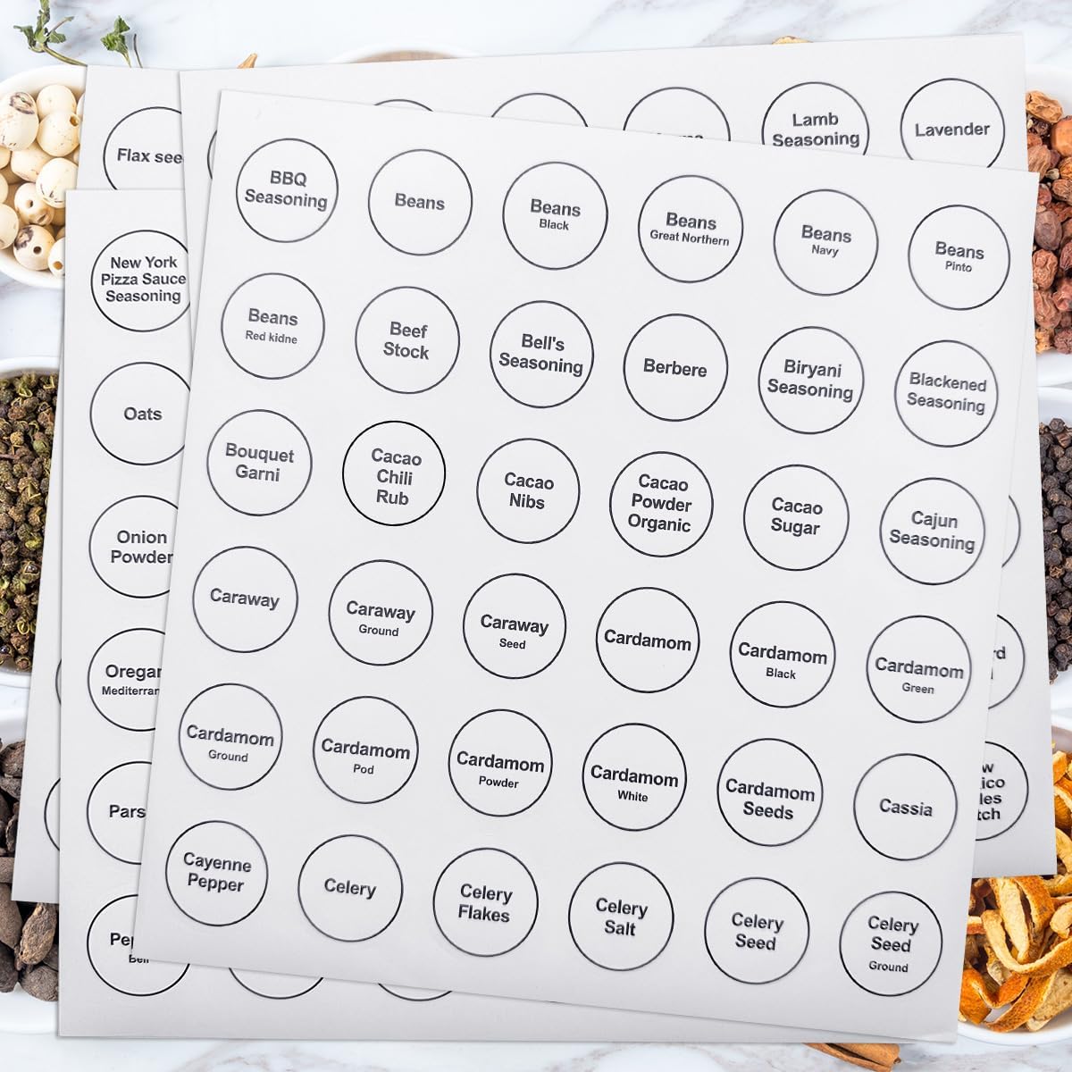 Spice Labels, 432Pcs Spice Labels Stickers 1.4in Waterproof Adhesive Round Preprinted Spice with Blank Label Black Tear Resistant Sticker for Kitchen Jars Caps Food Containers Spice Organizers