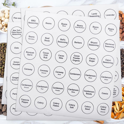 Spice Labels, 432Pcs Spice Labels Stickers 1.4in Waterproof Adhesive Round Preprinted Spice with Blank Label Black Tear Resistant Sticker for Kitchen Jars Caps Food Containers Spice Organizers