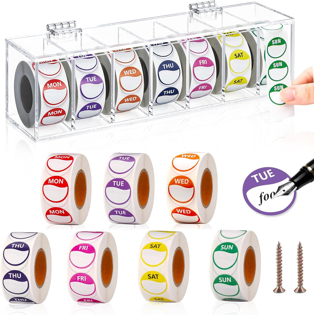 3500 Pcs Day of The Week Stickers with Wall Mount Sticker Dispenser Food Date Labels Stickers Acrylic Day Dot Dispenser 1 Inch Sticker Roll Holder Expiration Date Stickers for Food Containers Kitchen