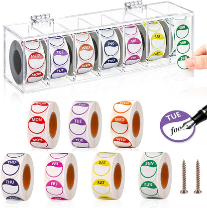 3500 Pcs Day of The Week Stickers with Wall Mount Sticker Dispenser Food Date Labels Stickers Acrylic Day Dot Dispenser 1 Inch Sticker Roll Holder Expiration Date Stickers for Food Containers Kitchen