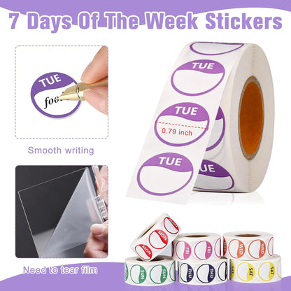 3500 Pcs Day of The Week Stickers with Wall Mount Sticker Dispenser Food Date Labels Stickers Acrylic Day Dot Dispenser 1 Inch Sticker Roll Holder Expiration Date Stickers for Food Containers Kitchen