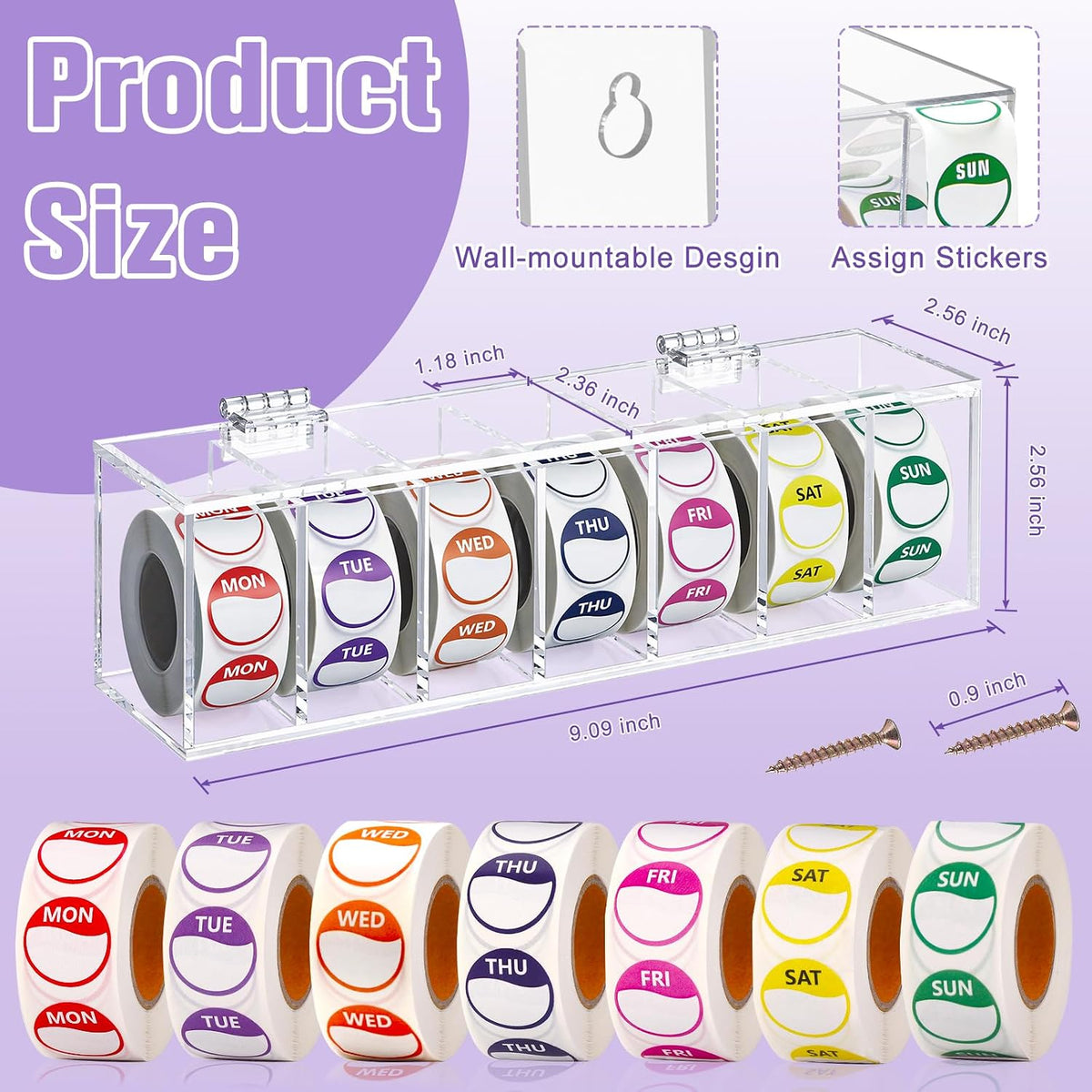 3500 Pcs Day of The Week Stickers with Wall Mount Sticker Dispenser Food Date Labels Stickers Acrylic Day Dot Dispenser 1 Inch Sticker Roll Holder Expiration Date Stickers for Food Containers Kitchen