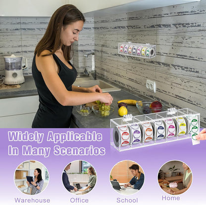 3500 Pcs Day of The Week Stickers with Wall Mount Sticker Dispenser Food Date Labels Stickers Acrylic Day Dot Dispenser 1 Inch Sticker Roll Holder Expiration Date Stickers for Food Containers Kitchen