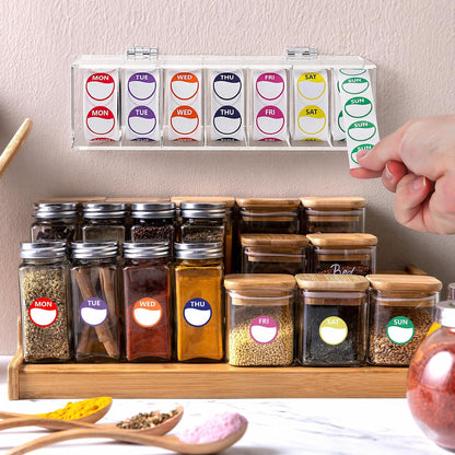 3500 Pcs Day of The Week Stickers with Wall Mount Sticker Dispenser Food Date Labels Stickers Acrylic Day Dot Dispenser 1 Inch Sticker Roll Holder Expiration Date Stickers for Food Containers Kitchen