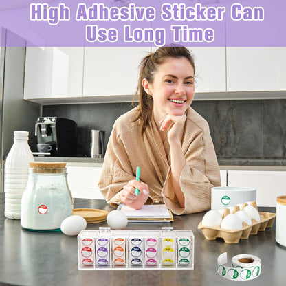 3500 Pcs Day of The Week Stickers with Wall Mount Sticker Dispenser Food Date Labels Stickers Acrylic Day Dot Dispenser 1 Inch Sticker Roll Holder Expiration Date Stickers for Food Containers Kitchen