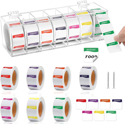 3500 Pcs Day of The Week Stickers with Wall Mount Sticker Dispenser Food Date Labels Stickers Acrylic Day Dot Dispenser 1 Inch Sticker Roll Holder Expiration Date Stickers for Food Containers Kitchen