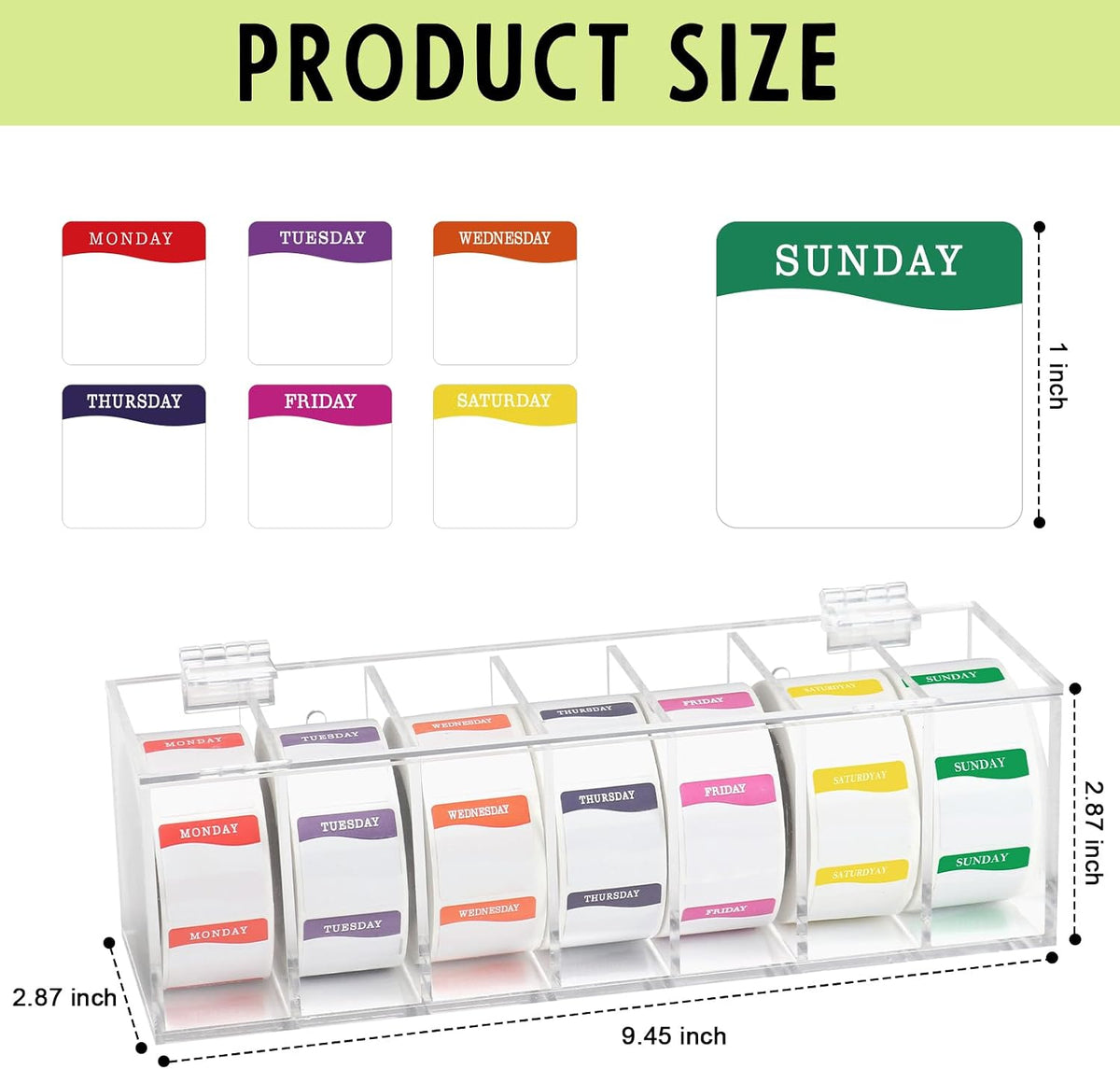 3500 Pcs Day of The Week Stickers with Wall Mount Sticker Dispenser Food Date Labels Stickers Acrylic Day Dot Dispenser 1 Inch Sticker Roll Holder Expiration Date Stickers for Food Containers Kitchen