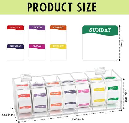 3500 Pcs Day of The Week Stickers with Wall Mount Sticker Dispenser Food Date Labels Stickers Acrylic Day Dot Dispenser 1 Inch Sticker Roll Holder Expiration Date Stickers for Food Containers Kitchen