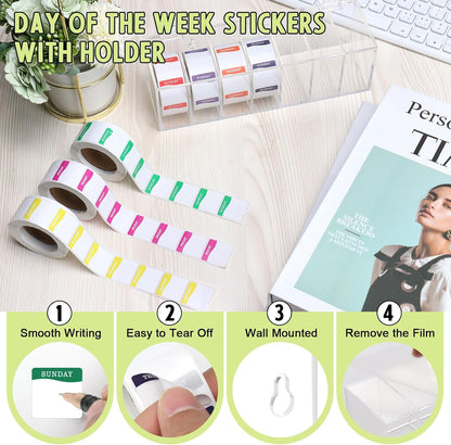 3500 Pcs Day of The Week Stickers with Wall Mount Sticker Dispenser Food Date Labels Stickers Acrylic Day Dot Dispenser 1 Inch Sticker Roll Holder Expiration Date Stickers for Food Containers Kitchen