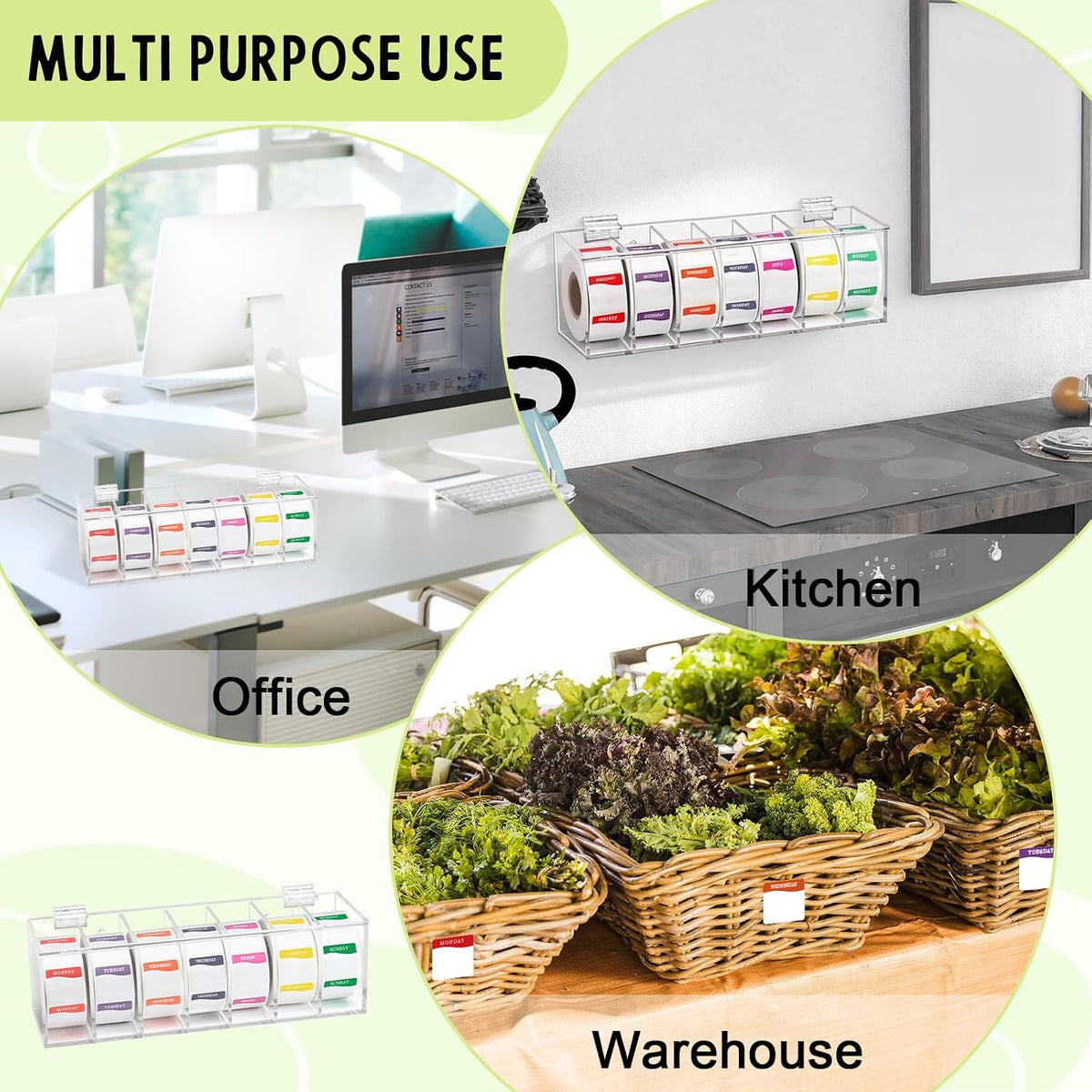 3500 Pcs Day of The Week Stickers with Wall Mount Sticker Dispenser Food Date Labels Stickers Acrylic Day Dot Dispenser 1 Inch Sticker Roll Holder Expiration Date Stickers for Food Containers Kitchen