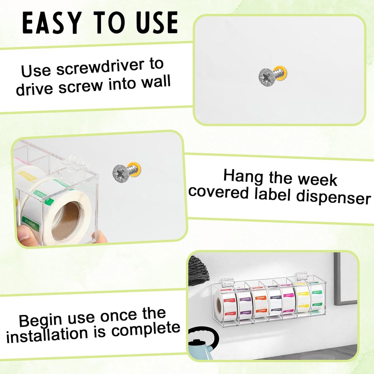 3500 Pcs Day of The Week Stickers with Wall Mount Sticker Dispenser Food Date Labels Stickers Acrylic Day Dot Dispenser 1 Inch Sticker Roll Holder Expiration Date Stickers for Food Containers Kitchen
