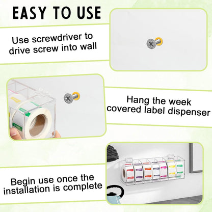 3500 Pcs Day of The Week Stickers with Wall Mount Sticker Dispenser Food Date Labels Stickers Acrylic Day Dot Dispenser 1 Inch Sticker Roll Holder Expiration Date Stickers for Food Containers Kitchen