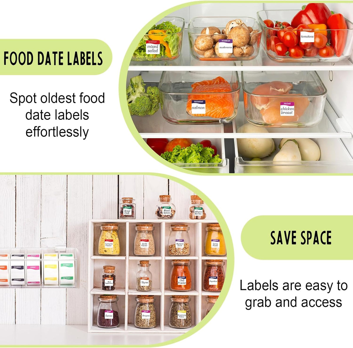 3500 Pcs Day of The Week Stickers with Wall Mount Sticker Dispenser Food Date Labels Stickers Acrylic Day Dot Dispenser 1 Inch Sticker Roll Holder Expiration Date Stickers for Food Containers Kitchen