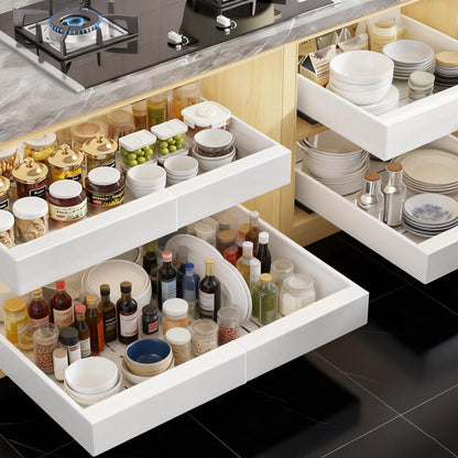 4-Pack Expandable Pull Out Cabinet Organizer 21" Deep with 3 Slide Rails, Adjustable Width (12"-22") Drawer Organizer for Kitchen Pantry Base Cabinets, Fixed with Roll Out Shelves Adhesive, White