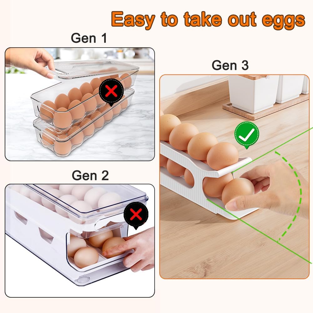 Egg Holder for Fridge, Egg Roller for Eggs 18 Count, 3 Tiers | Auto Rolling Egg Storage Organizer for Refrigerator, Slim Space Saving Container, Dispenser