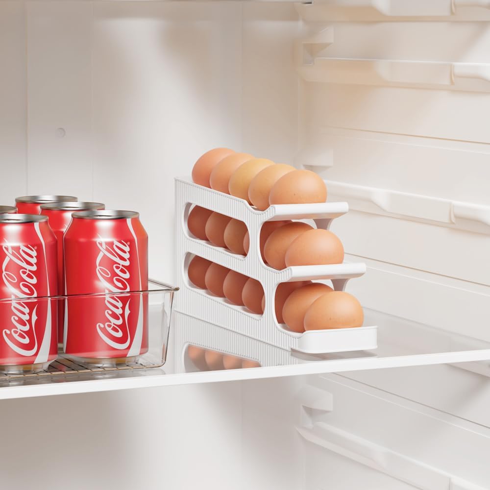Egg Holder for Fridge, Egg Roller for Eggs 18 Count, 3 Tiers | Auto Rolling Egg Storage Organizer for Refrigerator, Slim Space Saving Container, Dispenser