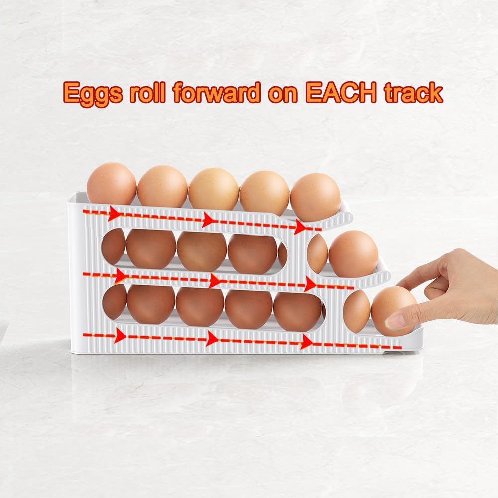 Egg Holder for Fridge, Egg Roller for Eggs 18 Count, 3 Tiers | Auto Rolling Egg Storage Organizer for Refrigerator, Slim Space Saving Container, Dispenser