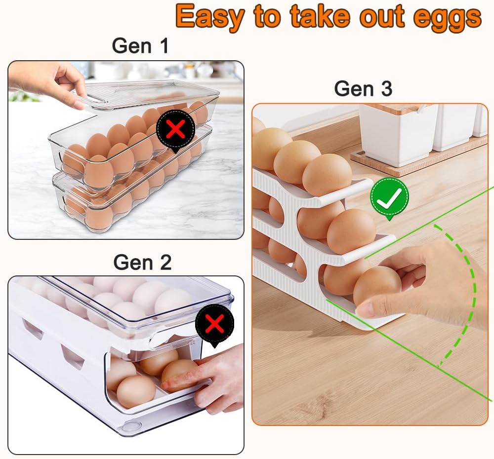 Egg Holder for Fridge, Egg Roller for Eggs 18 Count, 3 Tiers | Auto Rolling Egg Storage Organizer for Refrigerator, Slim Space Saving Container, Dispenser