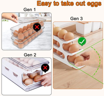 Egg Holder for Fridge, Egg Roller for Eggs 18 Count, 3 Tiers | Auto Rolling Egg Storage Organizer for Refrigerator, Slim Space Saving Container, Dispenser