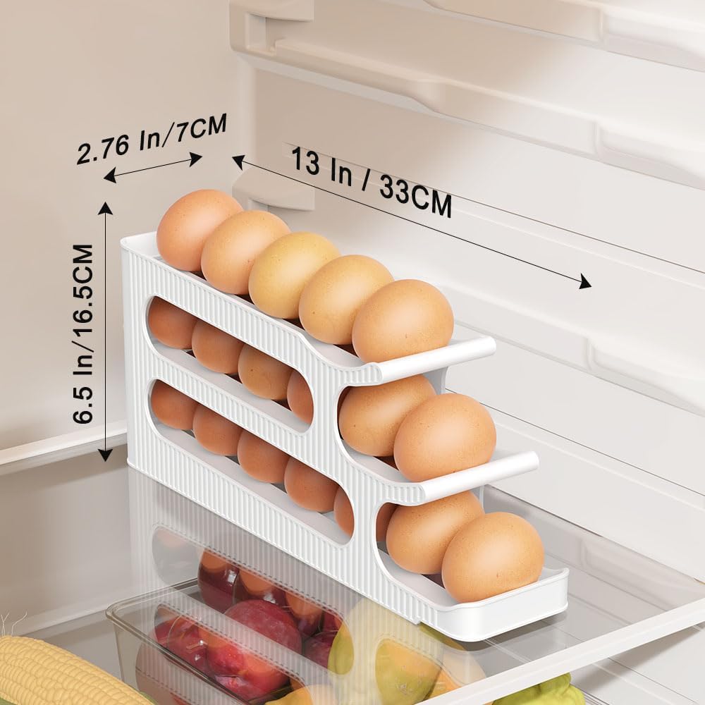 Egg Holder for Fridge, Egg Roller for Eggs 18 Count, 3 Tiers | Auto Rolling Egg Storage Organizer for Refrigerator, Slim Space Saving Container, Dispenser