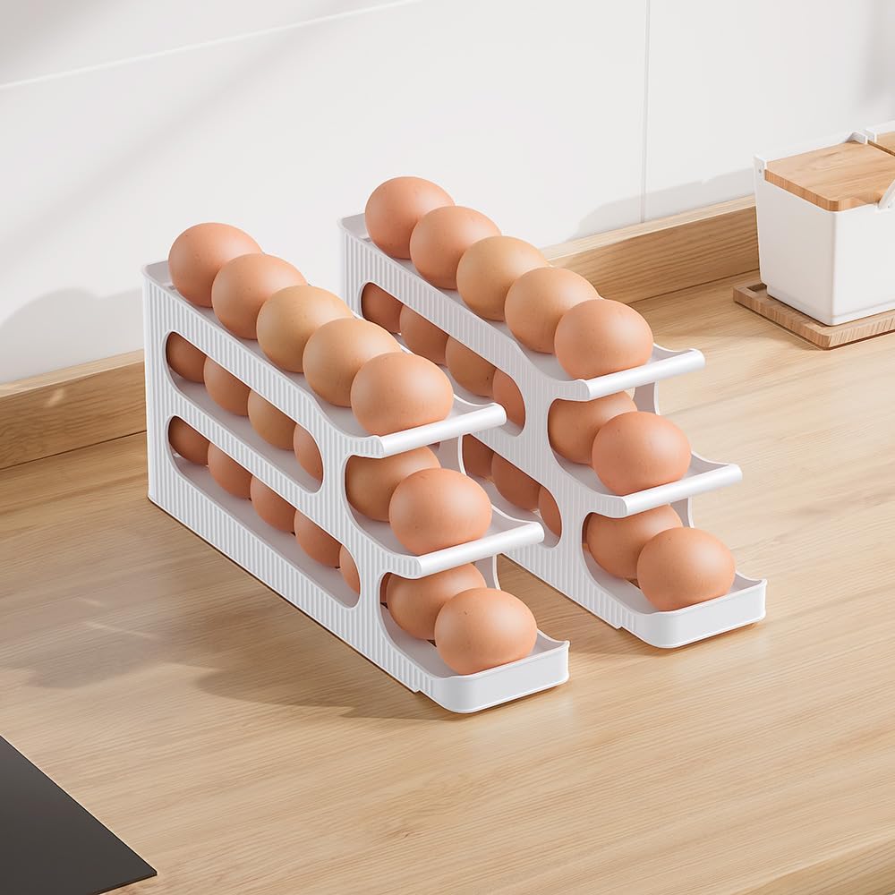 Egg Holder for Fridge, Egg Roller for Eggs 18 Count, 3 Tiers | Auto Rolling Egg Storage Organizer for Refrigerator, Slim Space Saving Container, Dispenser