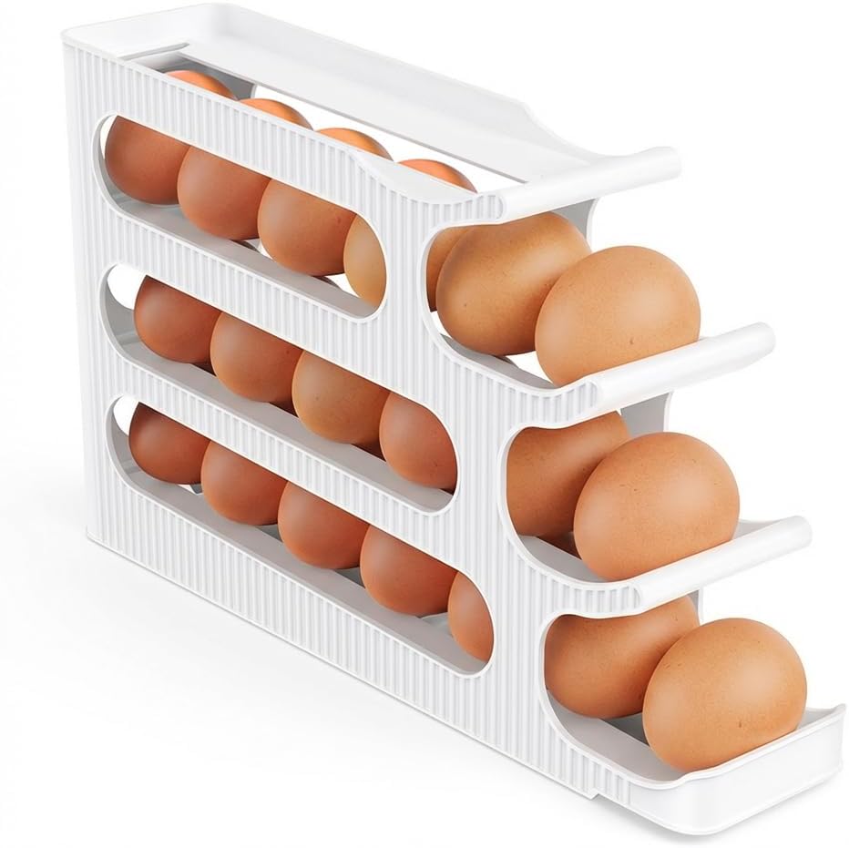 Egg Holder for Fridge, Egg Roller for Eggs 18 Count, 3 Tiers | Auto Rolling Egg Storage Organizer for Refrigerator, Slim Space Saving Container, Dispenser