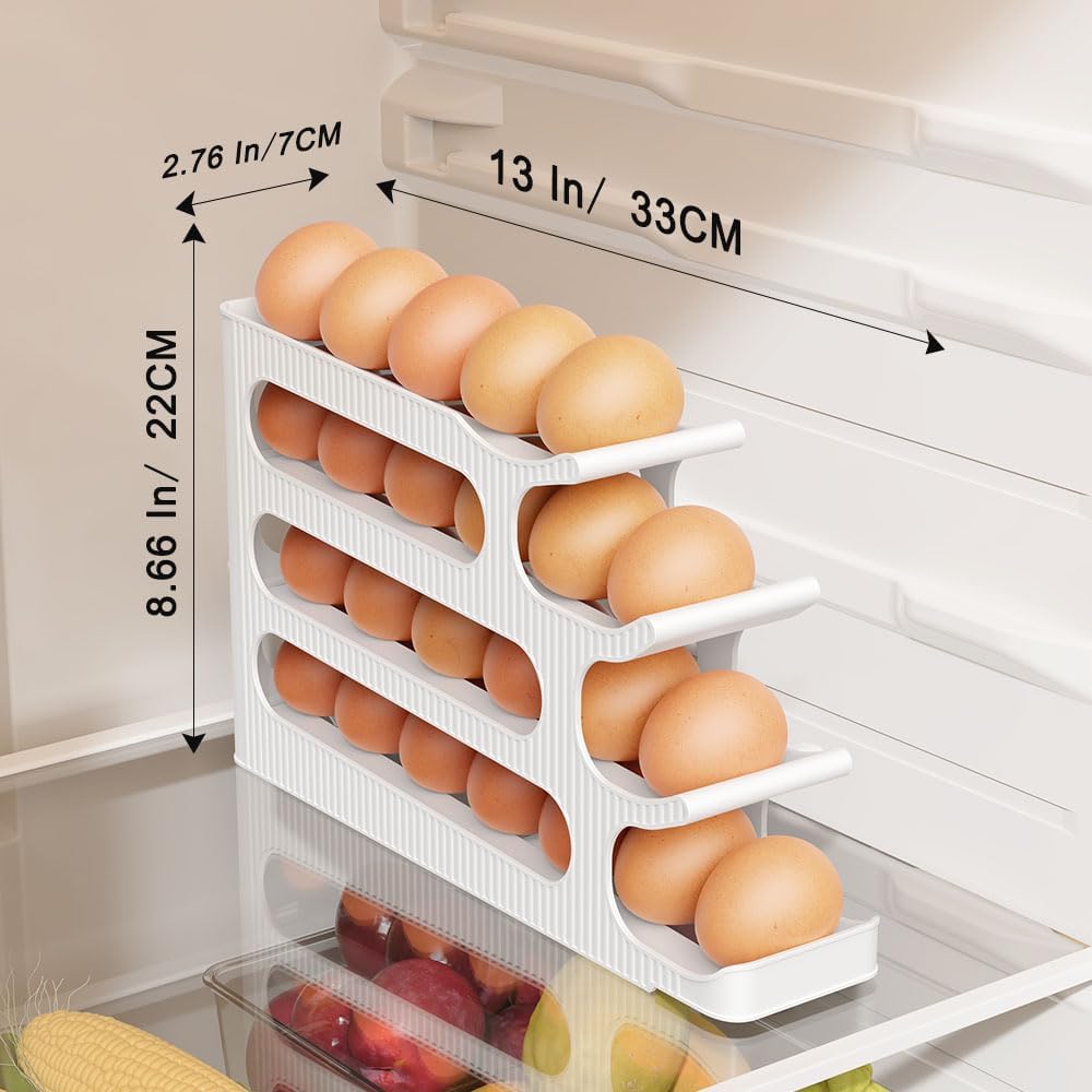 Egg Holder for Fridge, Egg Roller for Eggs 18 Count, 3 Tiers | Auto Rolling Egg Storage Organizer for Refrigerator, Slim Space Saving Container, Dispenser