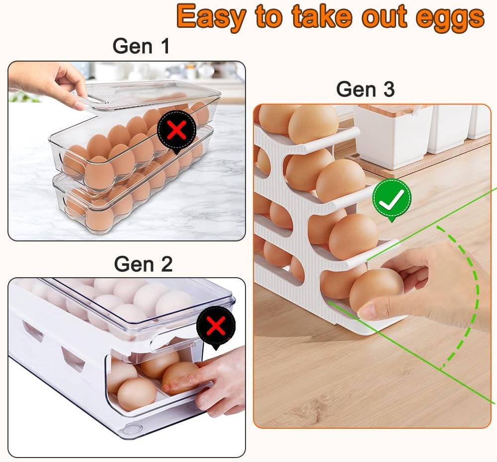 Egg Holder for Fridge, Egg Roller for Eggs 18 Count, 3 Tiers | Auto Rolling Egg Storage Organizer for Refrigerator, Slim Space Saving Container, Dispenser