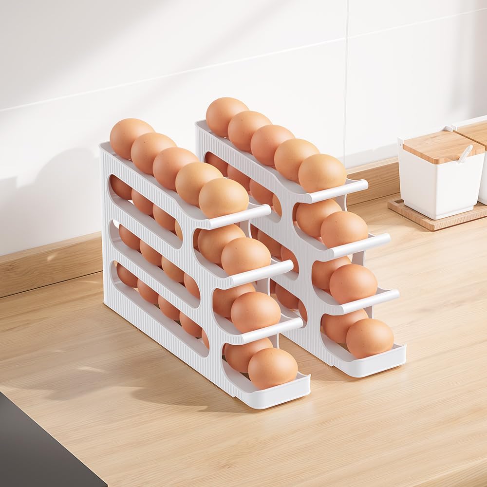 Egg Holder for Fridge, Egg Roller for Eggs 18 Count, 3 Tiers | Auto Rolling Egg Storage Organizer for Refrigerator, Slim Space Saving Container, Dispenser