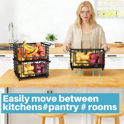 Stackable Metal Wire Vegetable Fruit Basket for Kitchen Counter Cabinet, Pantry Organizers and Storage Basket, Food Can Snack Onion Potato Bread Storage Shelf Freezer Organizer Bins Containers